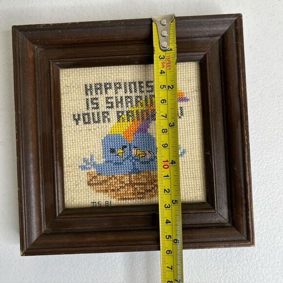 Vintage 80s Cross Stitch Blue Birds Happiness Is Sharing Your Rainbow Framed - Picture 4 of 7